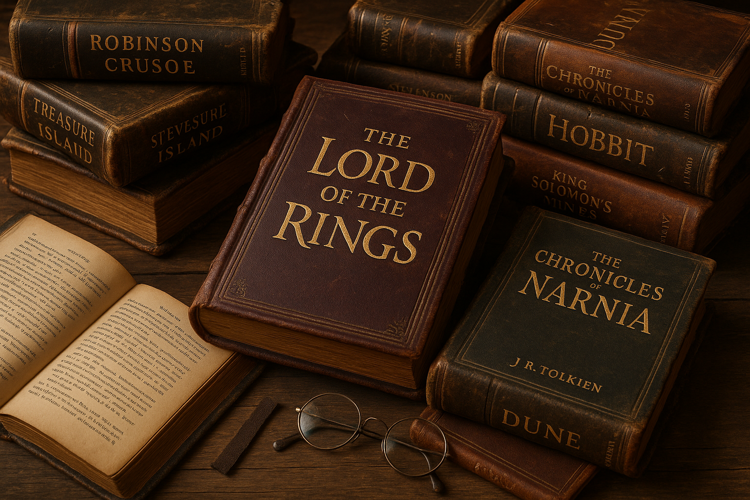collection of old books like lord of the rings, full of old stories and adventure